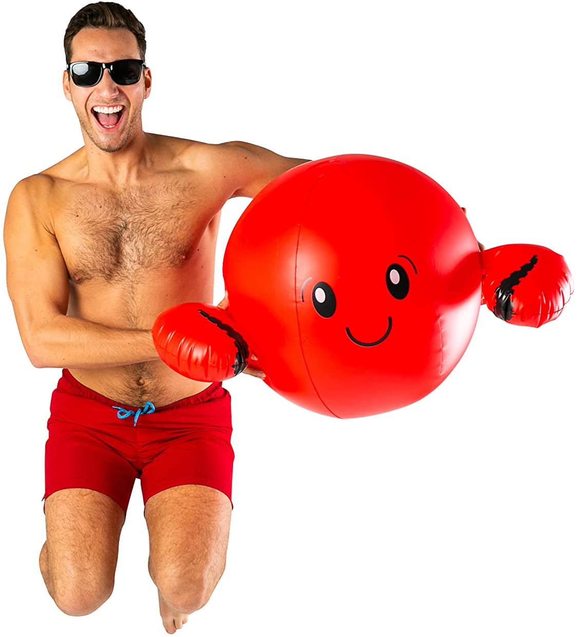 Man in red swim trunks holding a bright red Beach Ball | Crab with a happy face and claws, perfect for pool or beach fun.