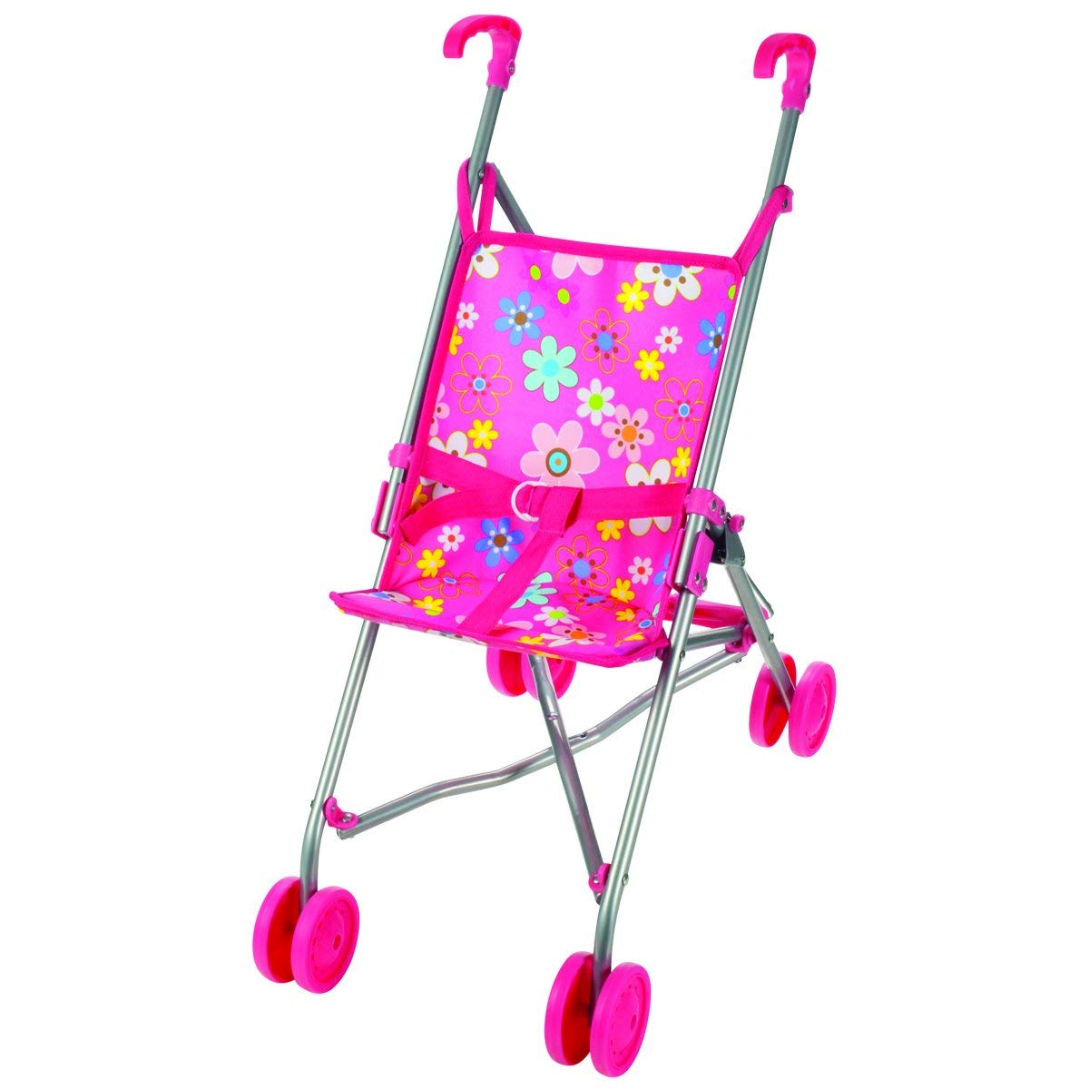 Stroller Umbrella Flowers with pink floral fabric, contoured handles, metal frame, and plastic wheels for dolls up to 18 inches.