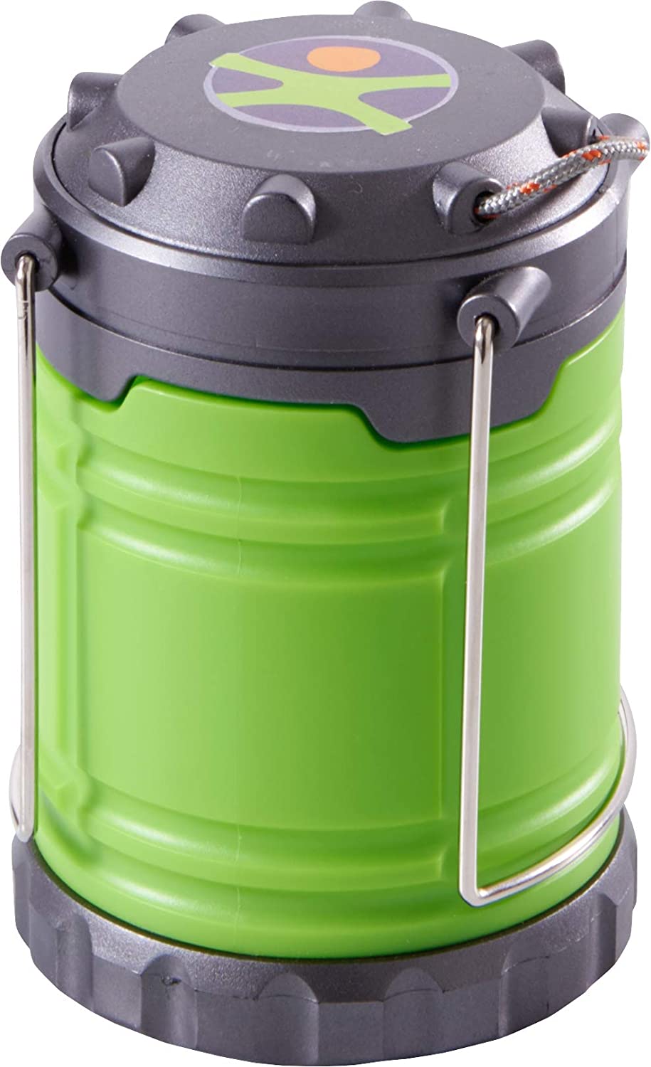 Camping Lantern with green collapsible body, metal handles, and six LEDs for outdoor and indoor use.