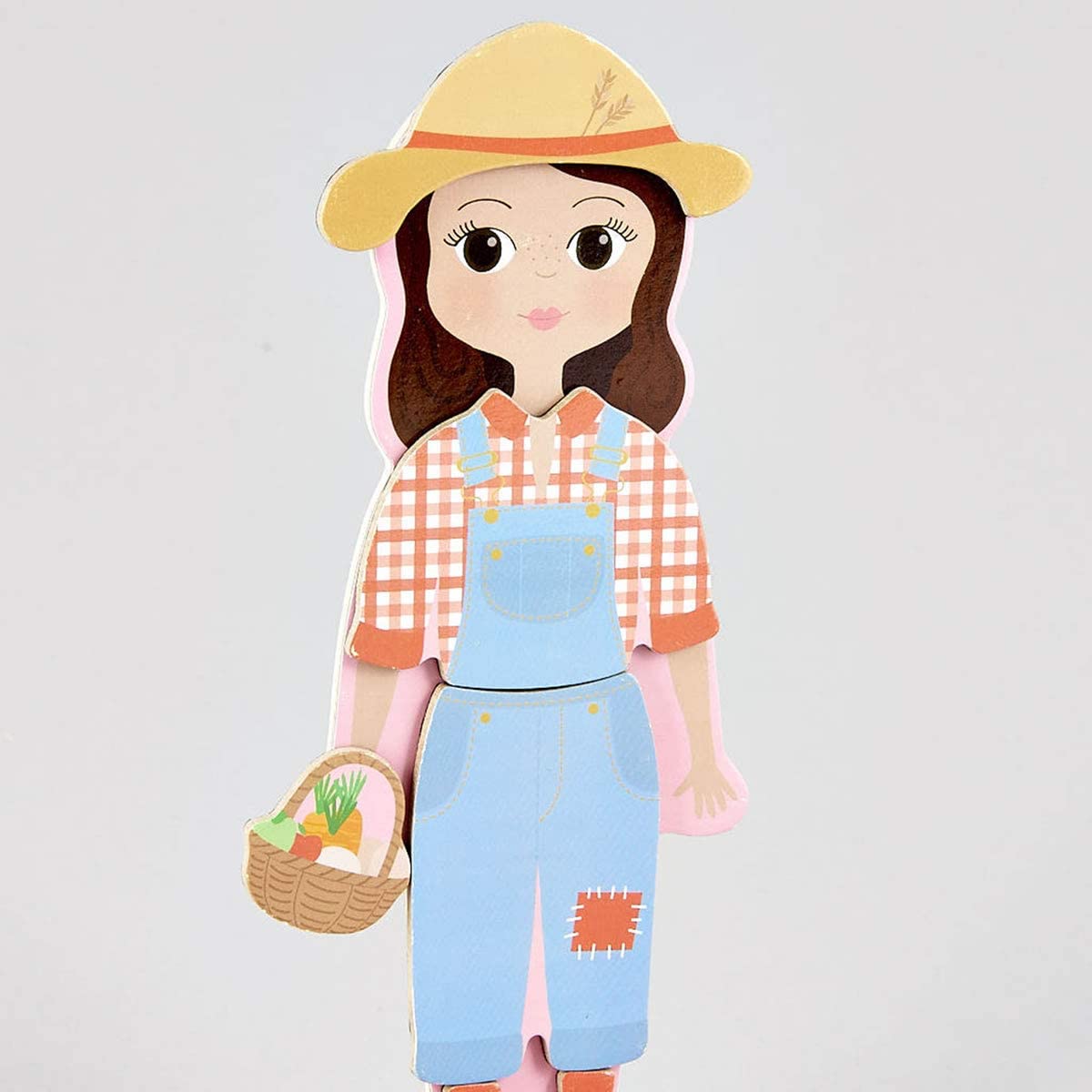 Magnetic Dress Up | Sofia wooden doll dressed as a farmer with hat and basket of vegetables for imaginative play.
