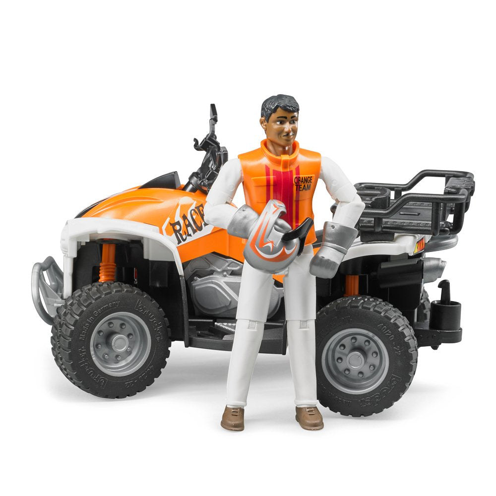 Quad with Driver toy featuring an orange off-road vehicle and a figure in racing gear holding a helmet.