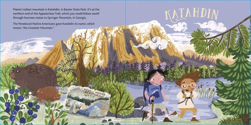 Welcome to Maine children’s book illustration featuring Katahdin mountain, kids hiking, and wildlife in bright colors.
