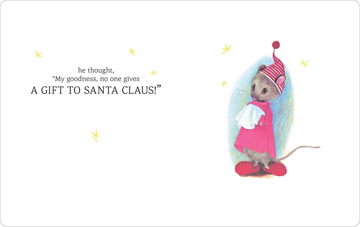 Santa Mouse board book illustration of a small mouse in a hat and slippers thinking about a gift to Santa Claus.