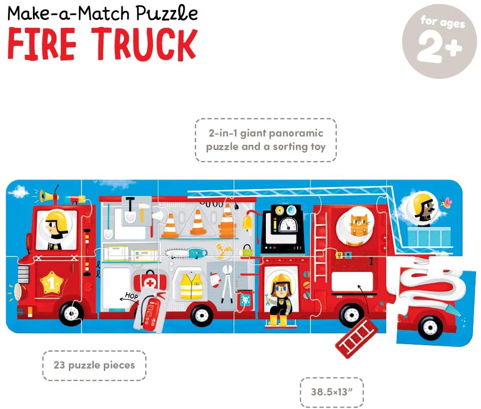 23pc Fire Truck Match Puzzle with jumbo pieces shows a colorful fire truck for ages 2+ encouraging shape learning and motor skills.