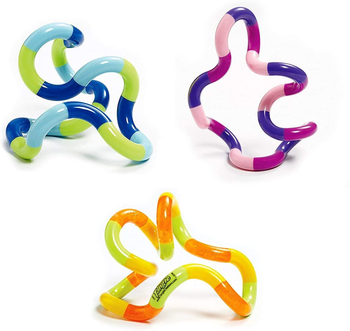Three colorful Tangle | Jr Classic twistable toys in different shapes on a white background