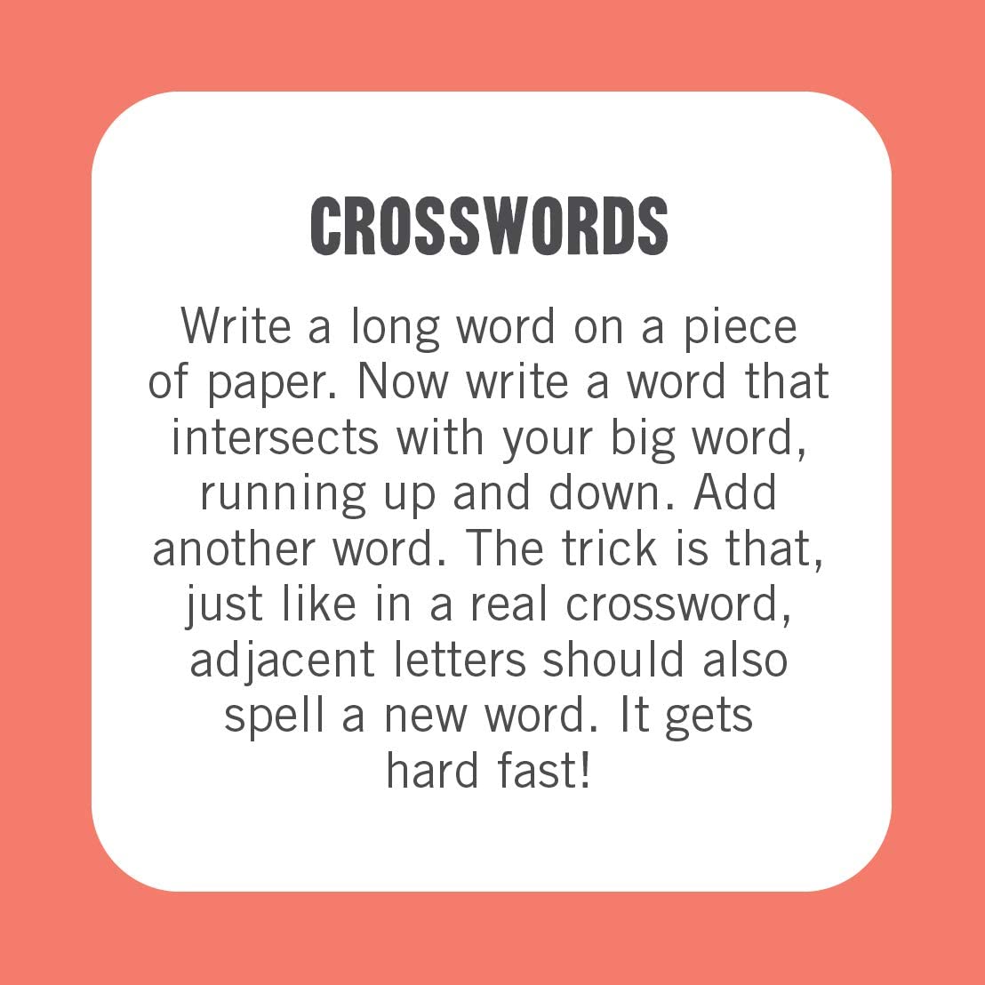 50 Fun Things To Do on a Plane Tin showing a crossword puzzle activity card with instructions on a coral background.