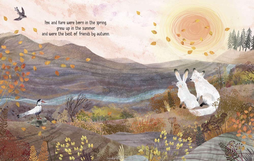 A peaceful autumn forest scene with fox and hare friends sitting together in the story A Thing Called Snow.