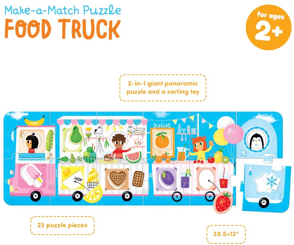 23pc Food Truck Match Puzzle featuring colorful ice cream and fruit shapes for children ages 2 and up to assemble.