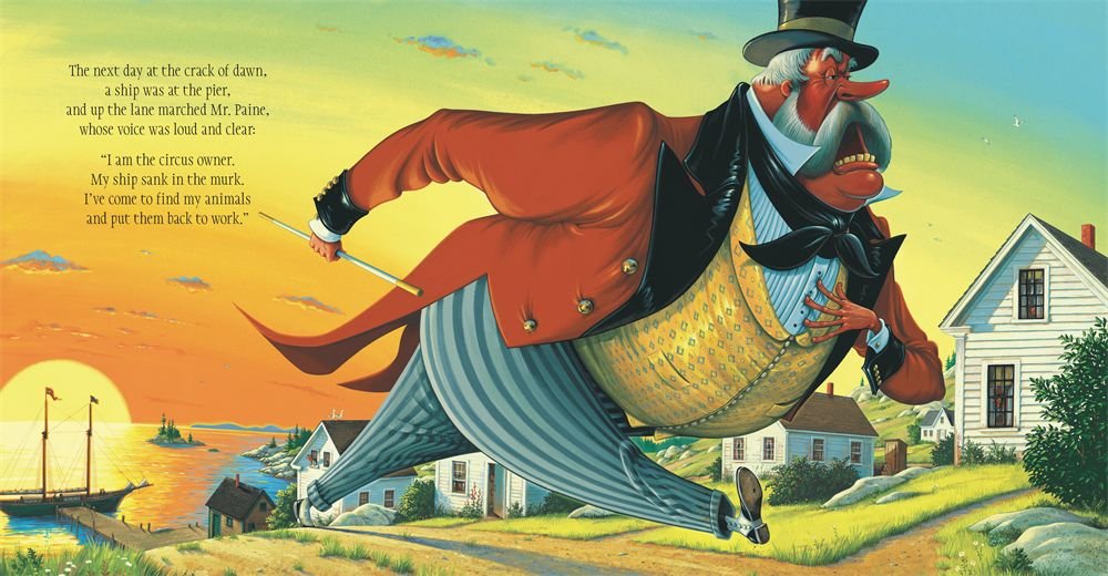 Circus Ship illustration showing a circus owner rushing through a coastal village at sunset with boats and houses nearby.