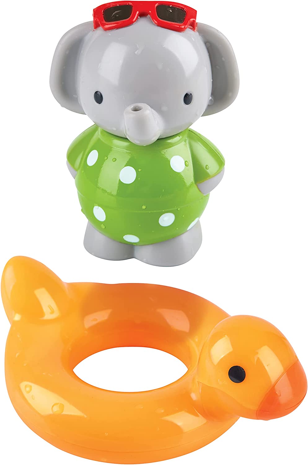 Swim n Splash Elephant bath toy with green polka-dot elephant and orange duck ring for spinning bath fun.