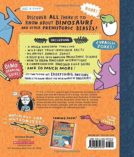 Everything Awesome About Dinosaurs book cover with colorful dinosaur illustrations and fun facts for kids ages 7-10.