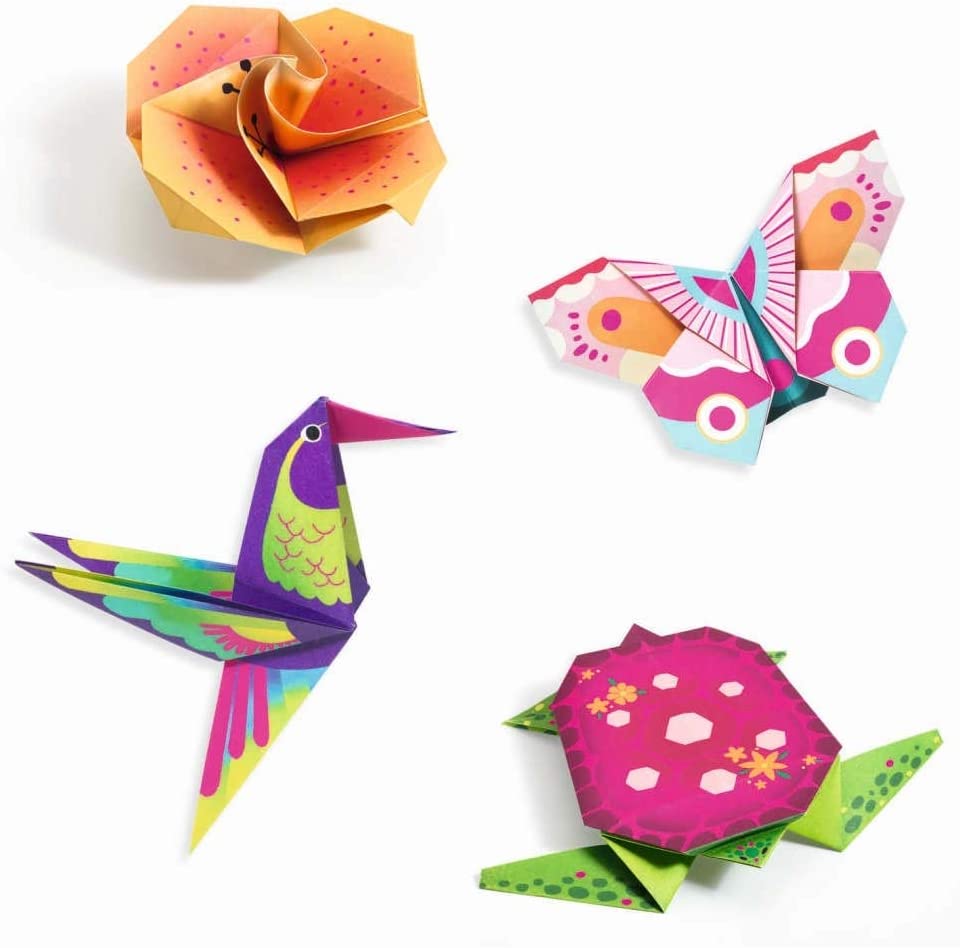 Origami Tropics colorful origami paper creations including a butterfly, turtle, hummingbird, and flower craft kit for kids.