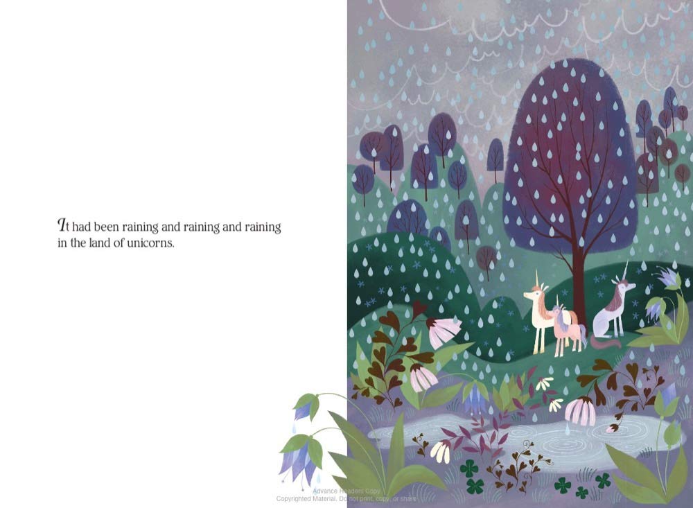 Uni the Unicorn and the Dream Come True shows a rainy magical forest scene with unicorns under raindrops.