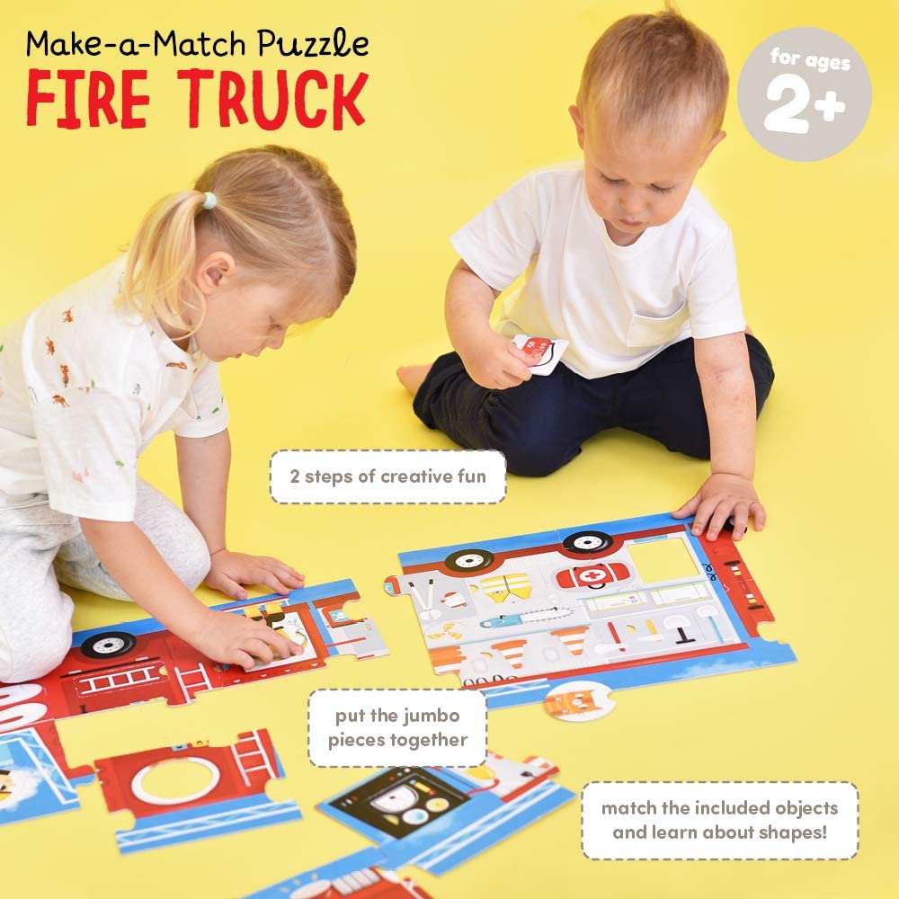 23pc Fire Truck Match Puzzle with kids assembling jumbo pieces and matching shapes for ages 2+ educational fun.
