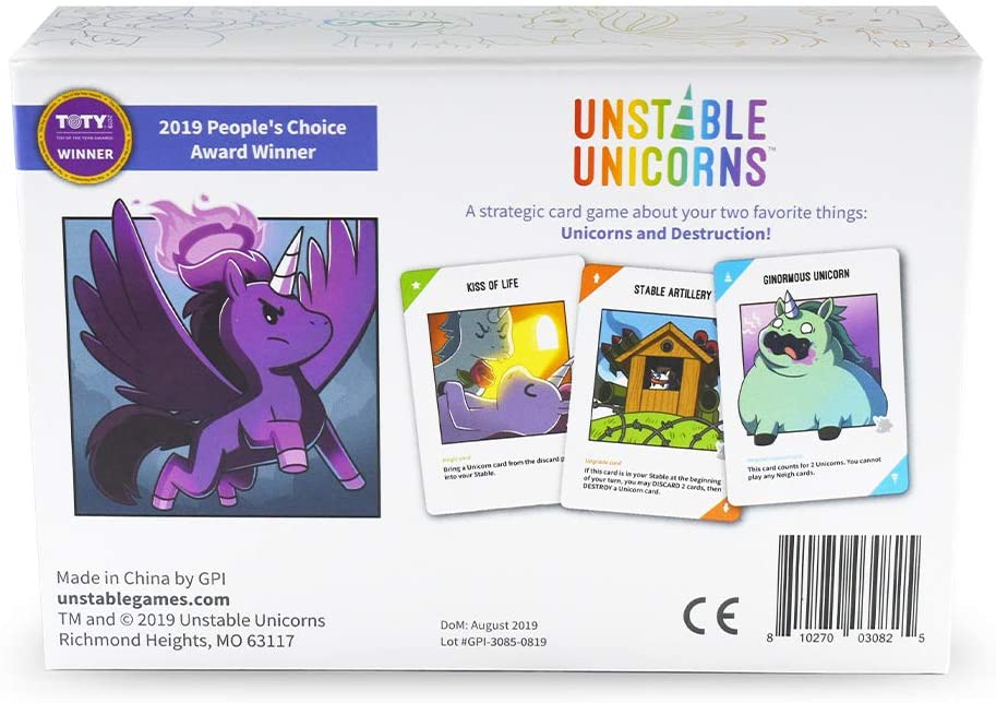 Unstable Unicorns game box back showing cards and award badge for strategic unicorn card game.