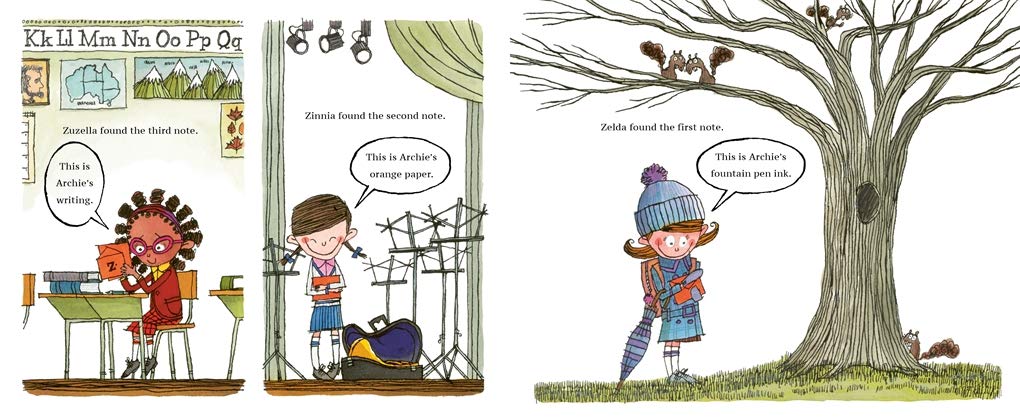 From Archie to Zack illustration shows children discovering hidden letters and papers in a whimsical outdoor setting.