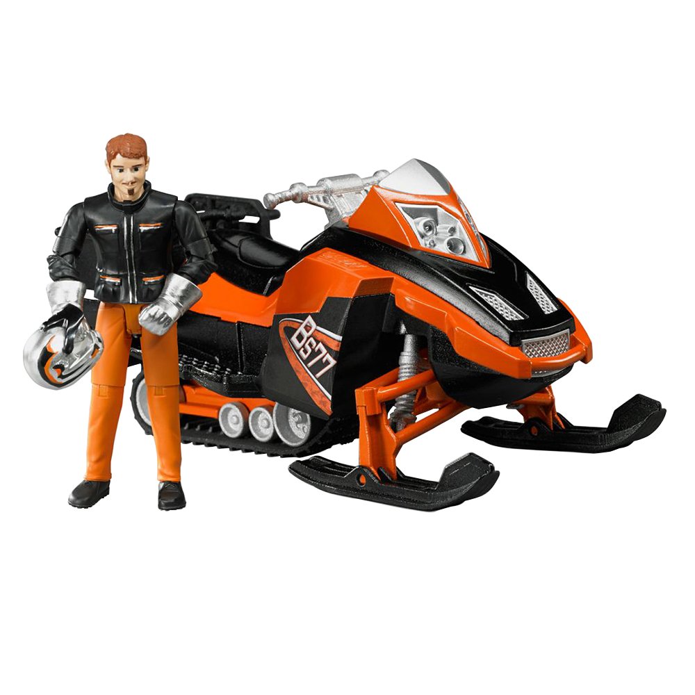 Snowmobile toy with orange and black design, driver figure with helmet and gloves, suitable for ages 4 and up.