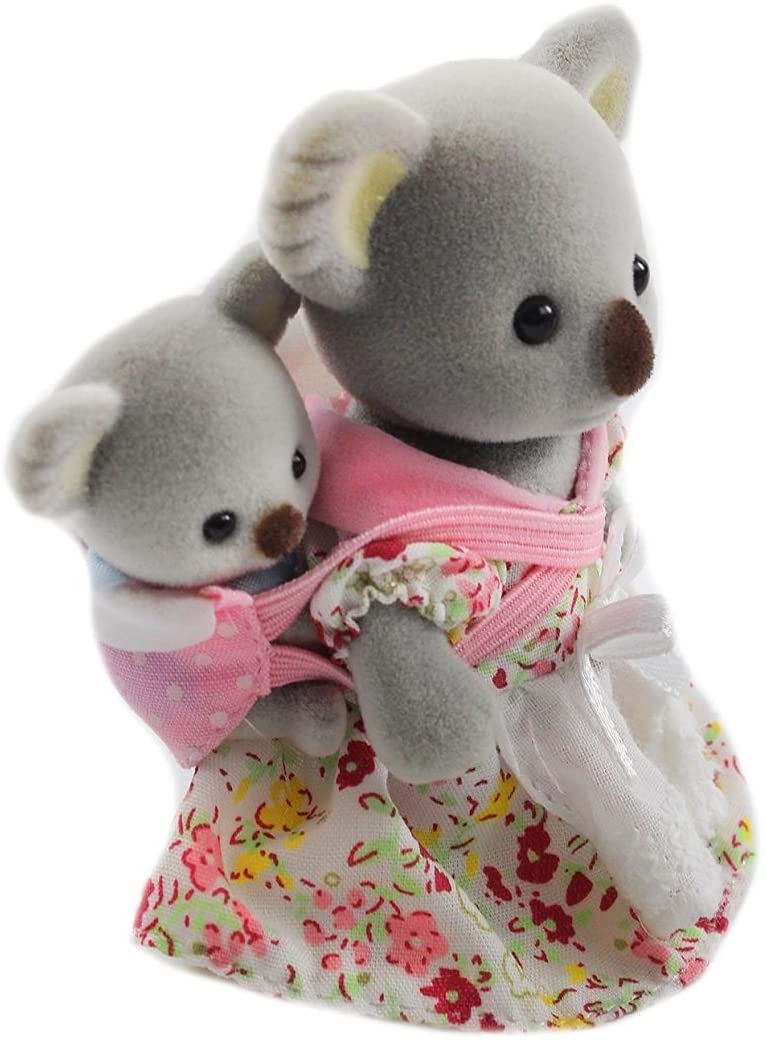 Koala Family with mother Sheila carrying baby Joey in detailed removable clothing, jointed arms and legs, heads turn.