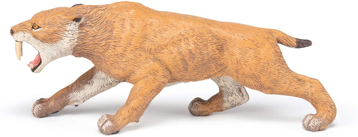 Smilodon figure roaring with detailed fur texture, perfect for dinosaur and Jurassic earth playsets, ages 5+.
