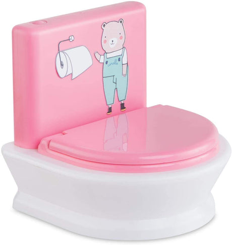 Interactive Toilet toy in pink and white with bear illustration, lid that opens and closes, and flush sounds for kids.