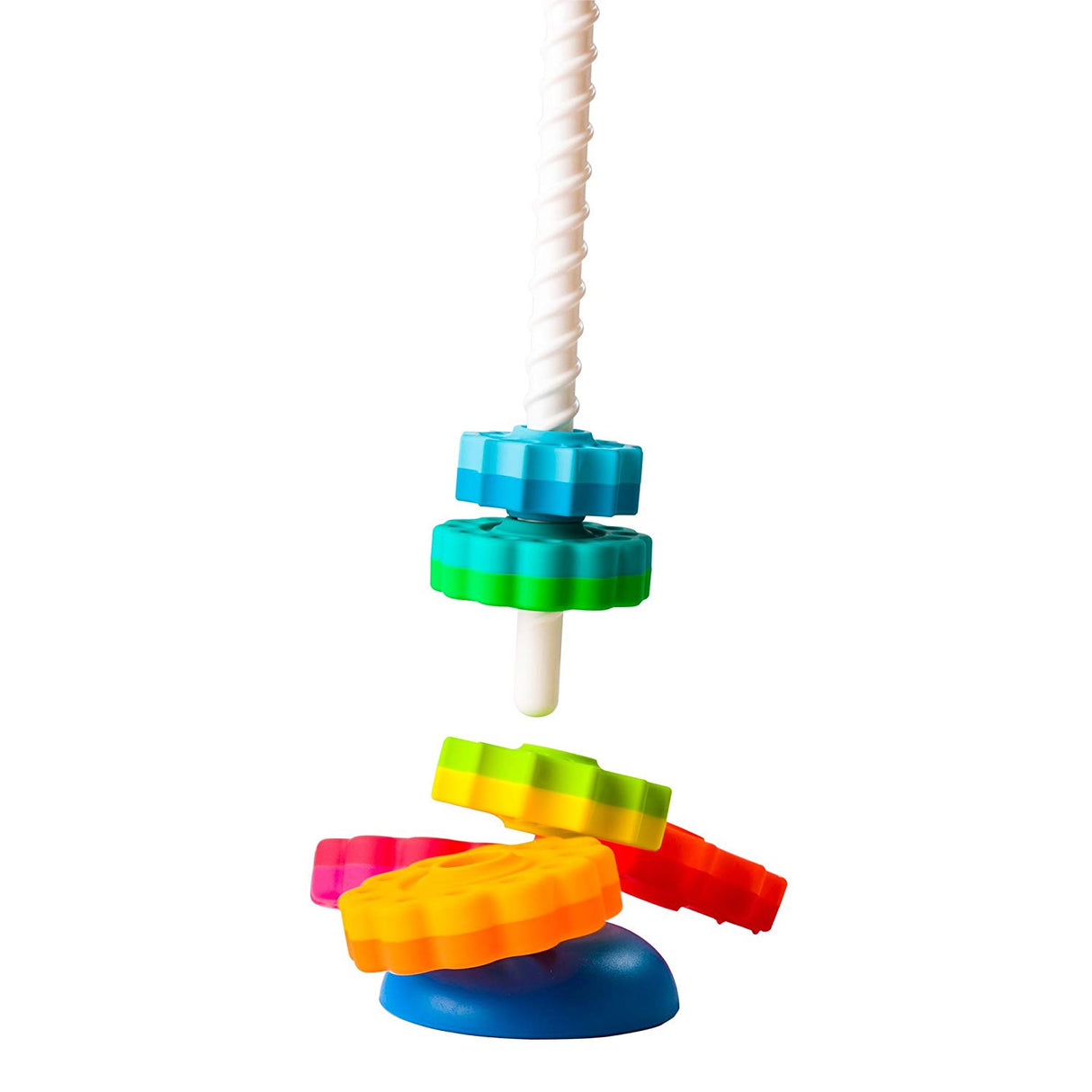 SpinAgain stacking toy with colorful discs spinning on a white corkscrew pole on a blue wobble base.