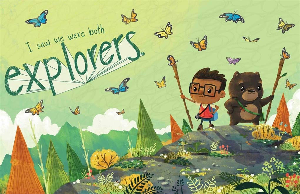 Explorers of the Wild shows a boy and bear with hiking sticks surrounded by butterflies exploring a colorful forest hill.