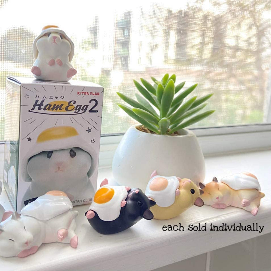 Hamster N Egg Blind Box featuring cute 2-inch hamster figurines with egg designs, sold individually for desktop or bookshelf display.