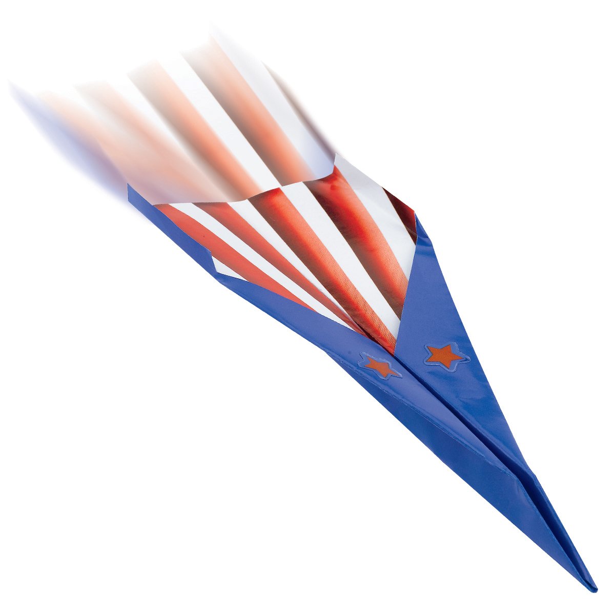 Paper Airplane Squadron showing a decorated blue and red striped paper airplane with star stickers on white background