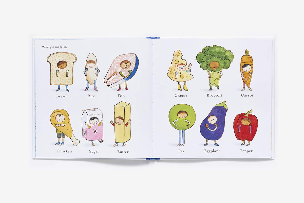 Open book from Second Banana showing illustrated food characters like bread, fish, broccoli, and pepper in a school play.