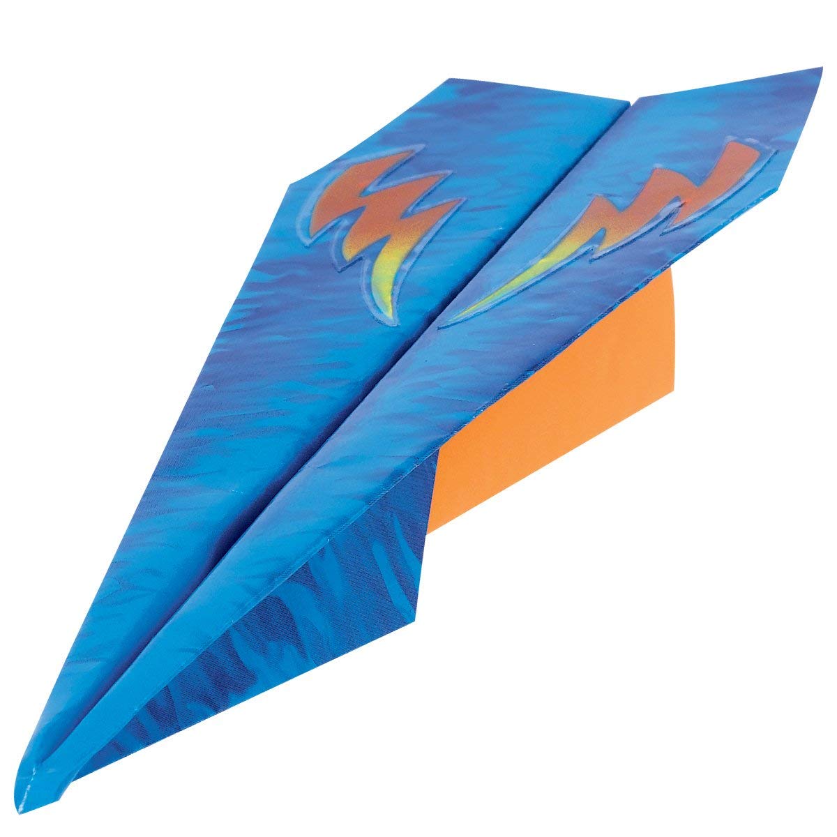 Paper Airplane Squadron blue paper airplane with orange lightning decals, crafted and decorated for kids to fly.