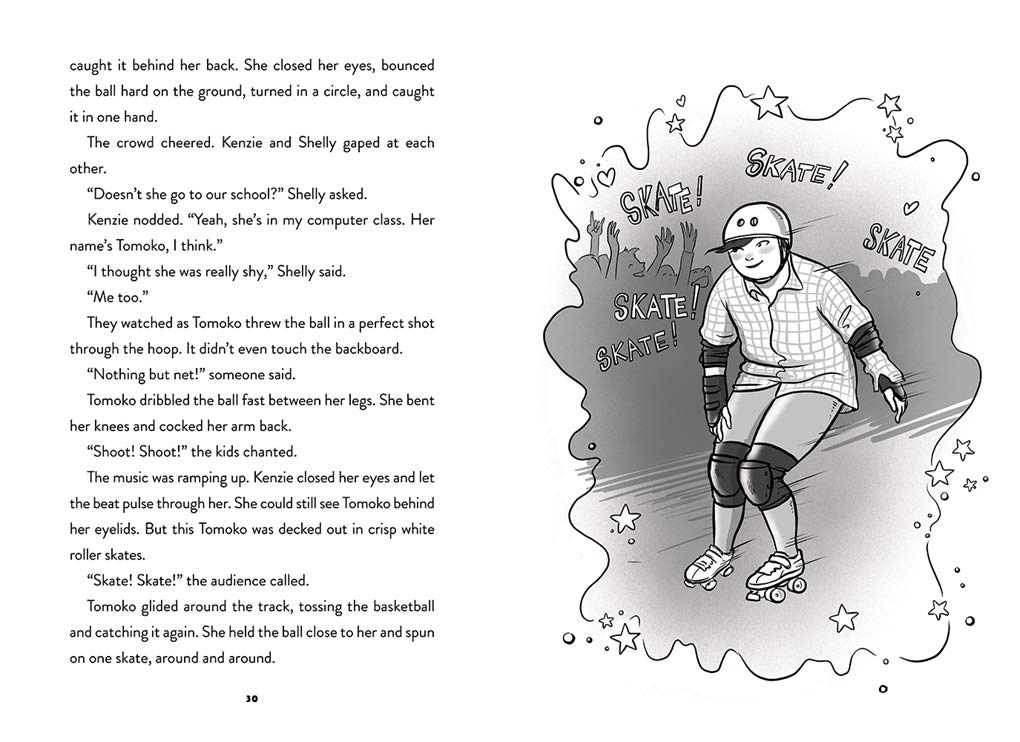 Derby Daredevils book illustration of a girl roller skating with protective gear and "skate" text around her.
