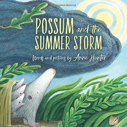 Cover of Possum and the Summer Storm showing possum and babies peeking from leaves under a cloudy sky.