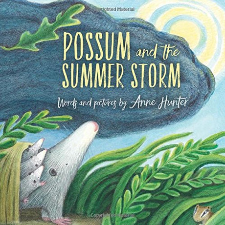 Cover of Possum and the Summer Storm showing possum and babies peeking from leaves under a cloudy sky.