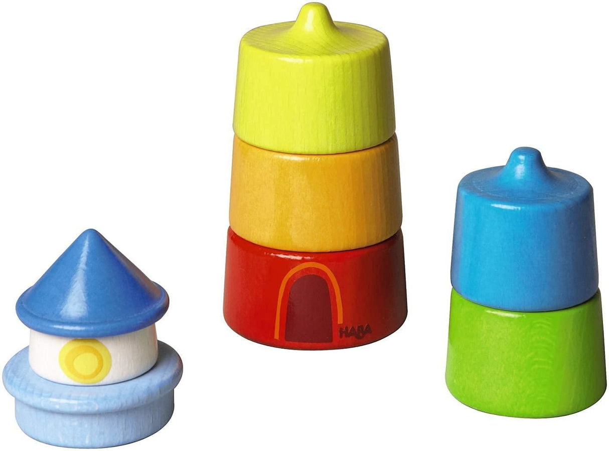 Stacking Lighthouse wooden toy with colorful, stackable sections designed to foster motor skills and hand-eye coordination.