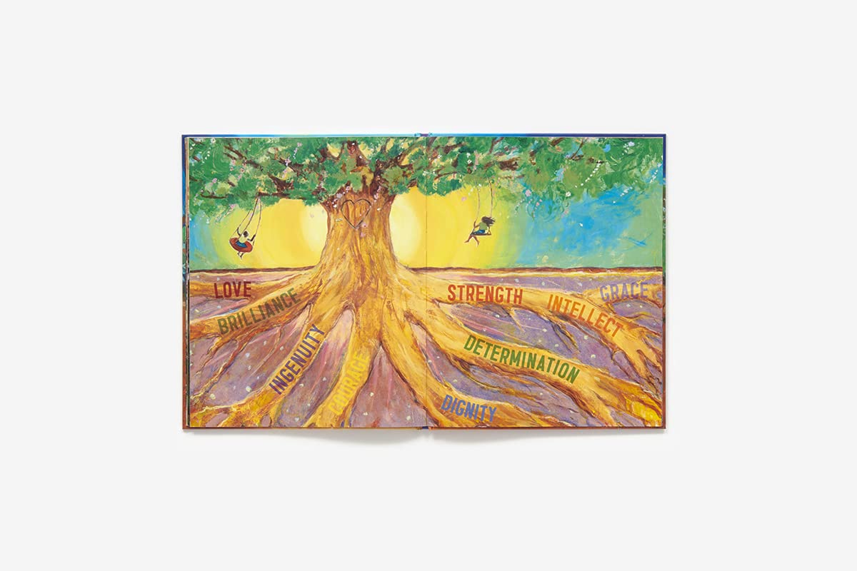 Your Legacy book illustration showing a tree with roots labeled love, strength, dignity, and determination.