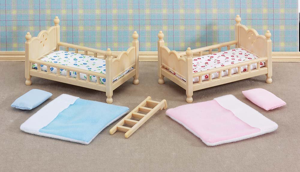 Stack & Play Beds with two wooden beds, mattresses, pillows, blankets, and a ladder for Calico Critters playsets.