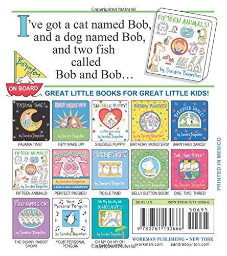 Fifteen Animals book cover featuring playful illustrations of pets named Bob by Sandra Boynton.