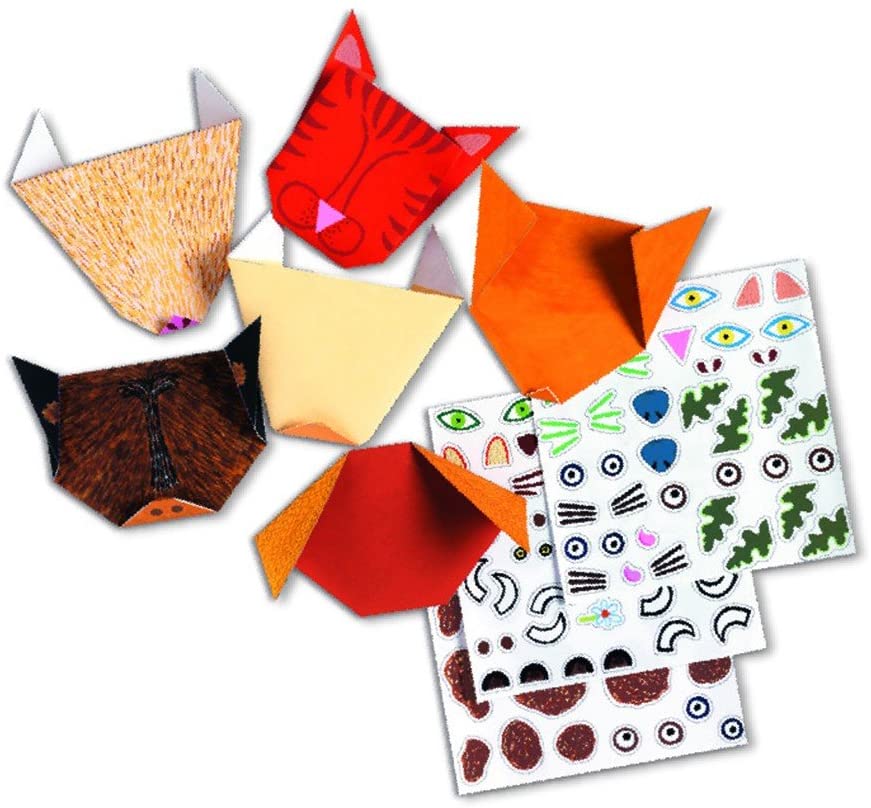 Origami Animals craft kit showing colorful folded animal faces and sticker sheets for kids to decorate and personalize.