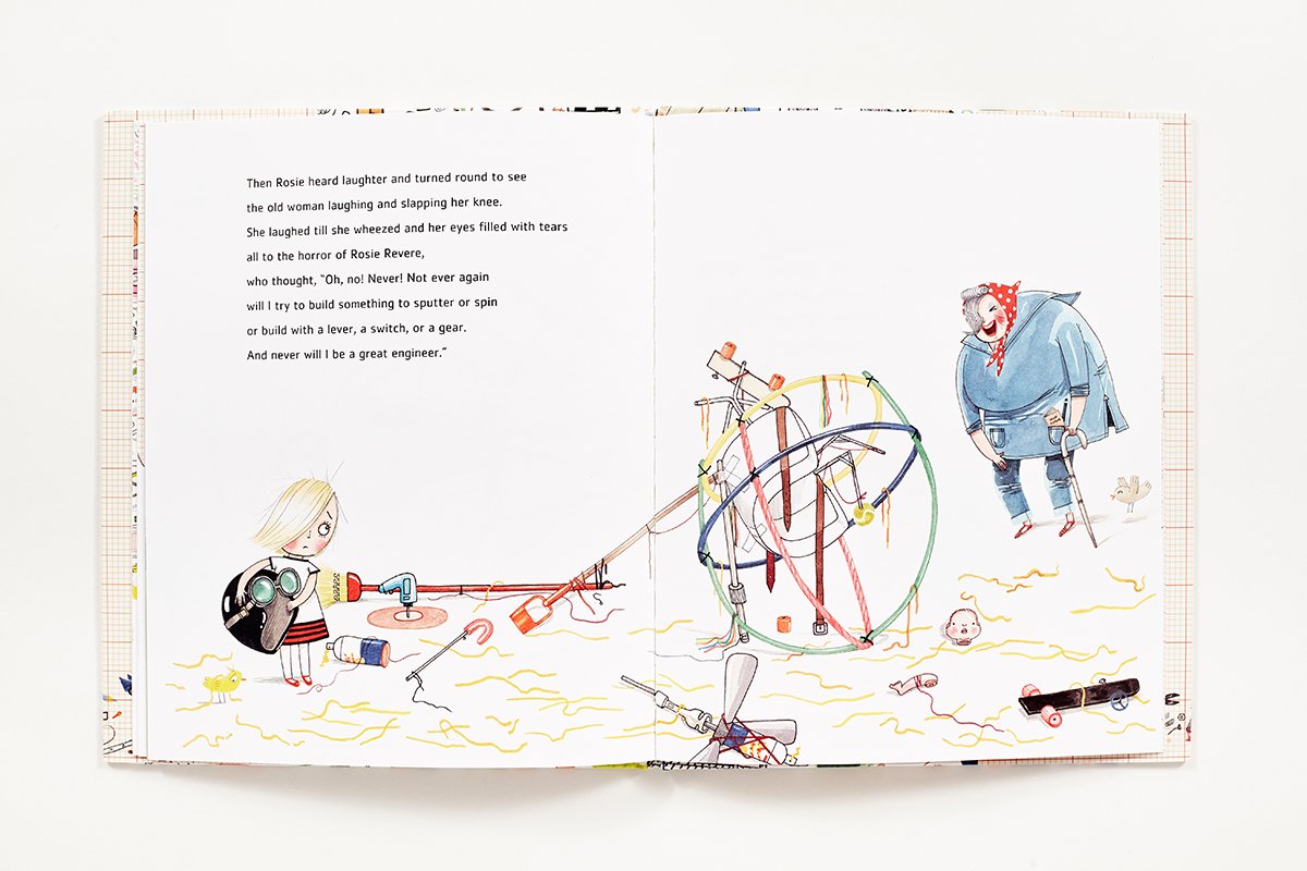 Open pages of Rosie Revere, Engineer book showing Rosie and Aunt Rose with a colorful inventing contraption illustration.