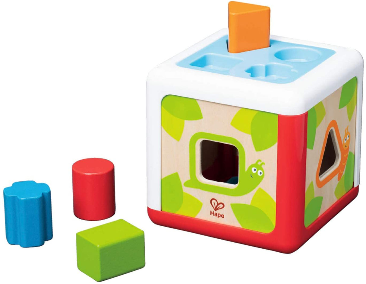 Shape Sorting Box with colorful wooden shapes and matching holes featuring garden creature designs for toddlers.
