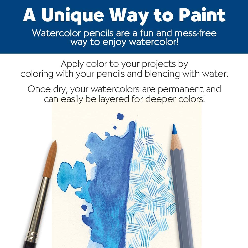 Watercolor Colored Pencils with paintbrush showing blue watercolor blending and pencil for vibrant, mess-free art projects.