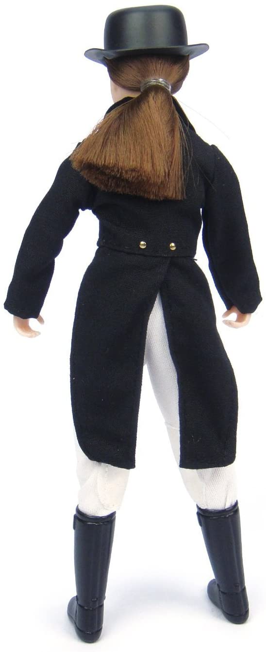 Dressage Rider doll shown from the back with black coat, top hat, white pants, and black riding boots.