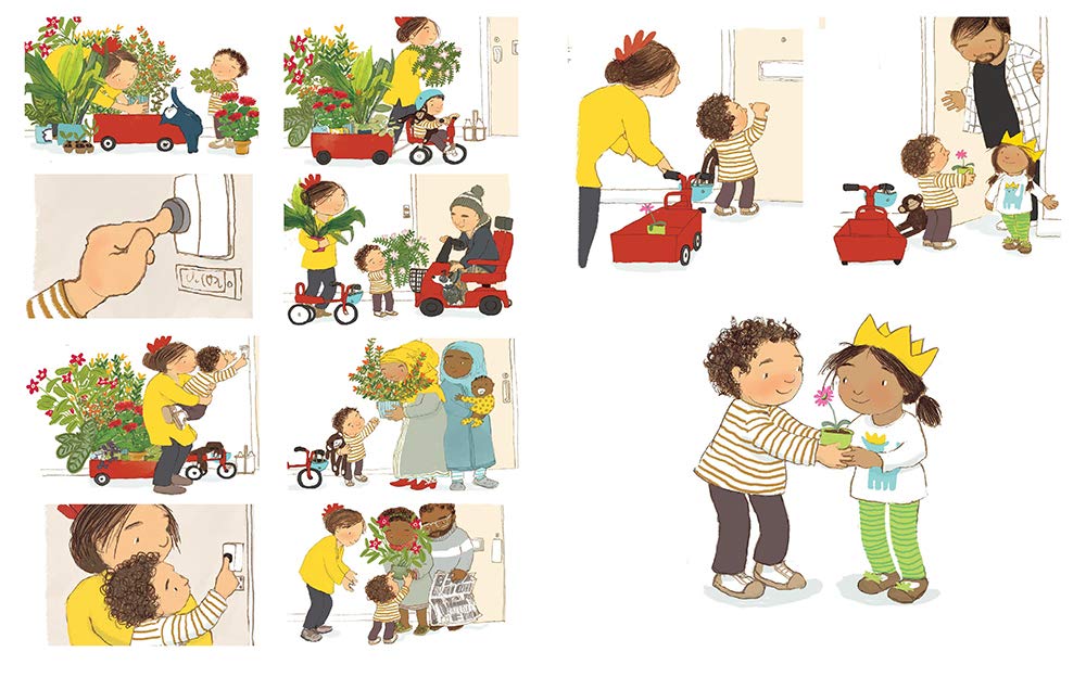 Pages from Oscar's Tower of Flowers showing children and adults sharing flowers in an urban apartment community.