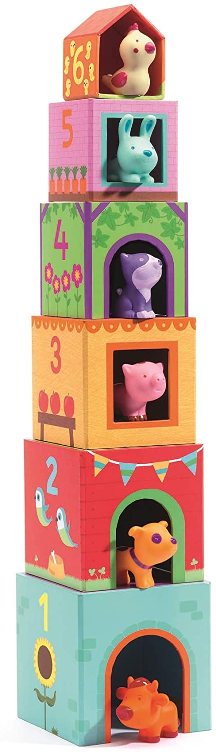 Topanifarm Nesting Blocks & Animals stacked tower with colorful farm animals and numbered fibre-board blocks for children.