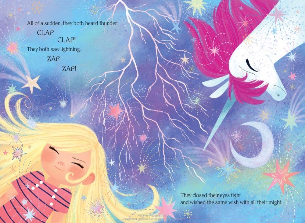Illustration from Uni the Unicorn and the Dream Come True showing a girl and unicorn under a magical lightning sky.