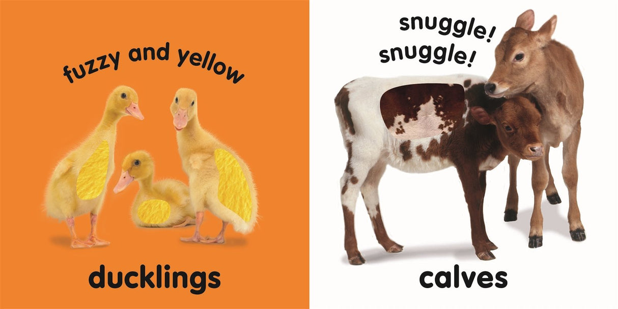 Touch & Feel Farm Friends showing textured yellow ducklings and snuggling calves for sensory play and early learning.