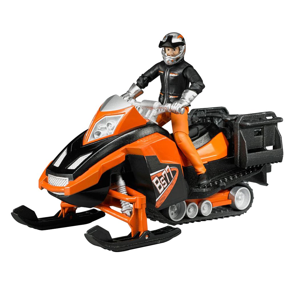 Snowmobile with driver in protective gear seated on an orange and black racing snowmobile model.