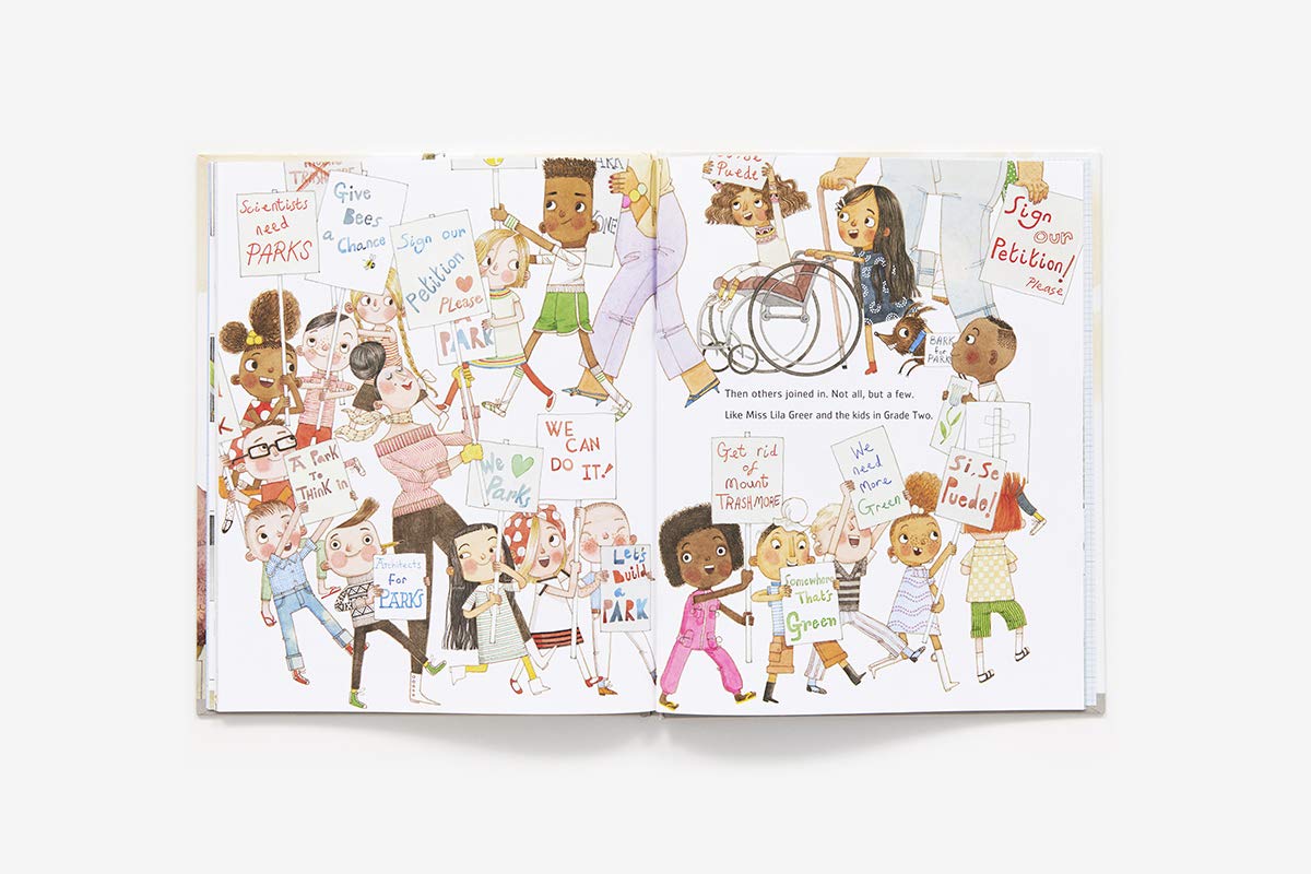 Open illustrated pages of Sofia Valdez, Future Prez showing diverse children holding protest signs for a park project.