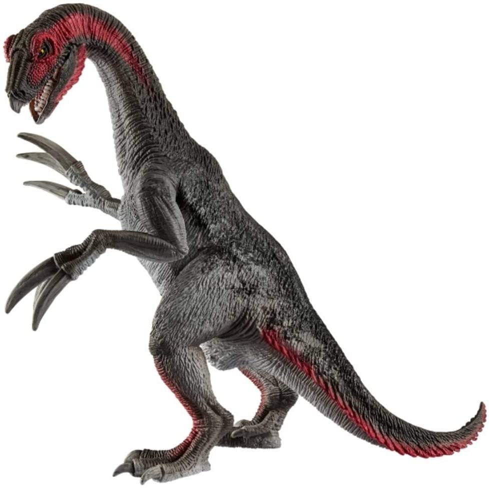Therizinosaurus toy figure with long claws, detailed texture, and red stripes, perfect for kids aged 4 to 12 years.