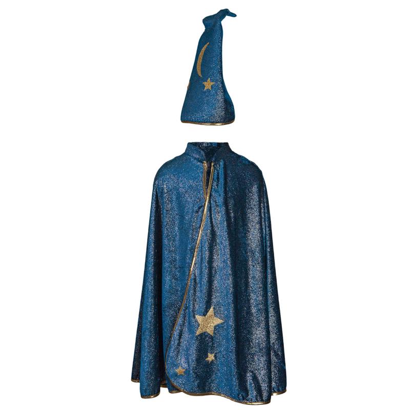 Starry Night Wizard Cape & Hat set in midnight blue with gold stars and crescent moon for creative play size 5-6